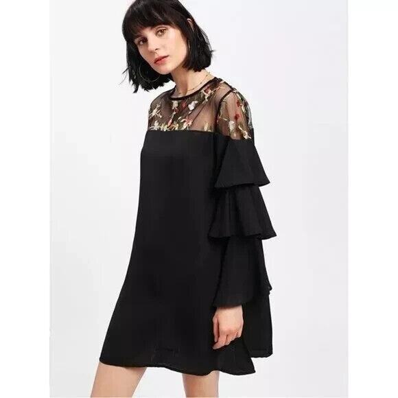 Black Shift Dress Sz 4 Mesh Embroidered Floral Ruffled Sleeves Whimsigoth Fairy - Picture 2 of 11
